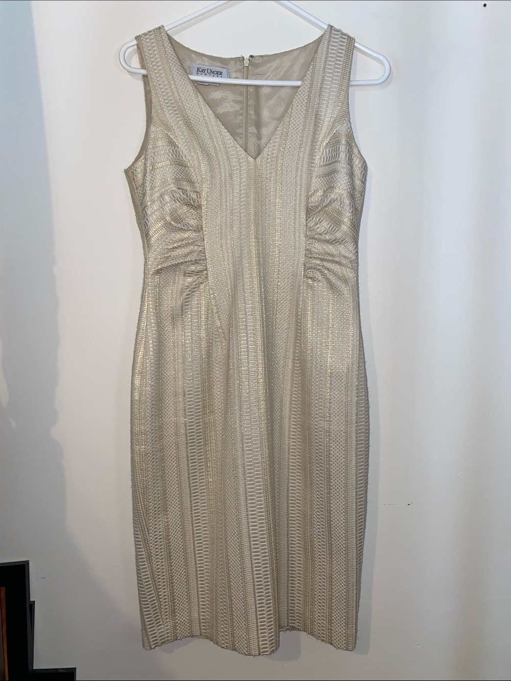 Kay Unger Vintage V-Neck Metallic Cream Dress